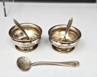 Set of Two Small Sterling Salt Bowls, Two Tiffany Brand Sterling Salt Spoons, Plus additional Sterling Tiny Spoon