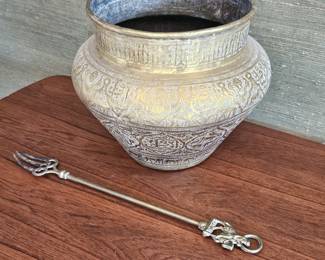 Large Antique Ornate Brass Planter w/ Arabic Script & Figural Coal Fork - Middle Eastern