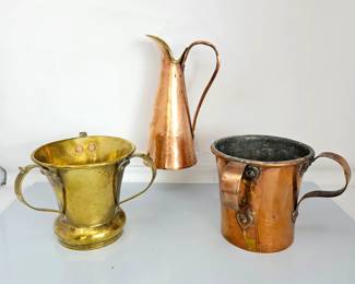 Antique Copper & Brass Vessel Lot – Hammered Pitcher, Two-Handled Brass Pot, Riveted Copper Mug Tin Lined