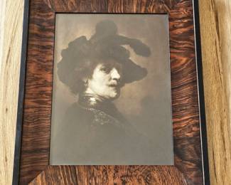 Vintage Rembrandt Self-Portrait Photogravure Print in Burlwood Frame 20x24.5 Old Master