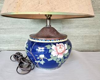 - Vintage Chinese Enameled Table Lamp Floral Peony Design Copper Base w/ Patina Seen- 19"