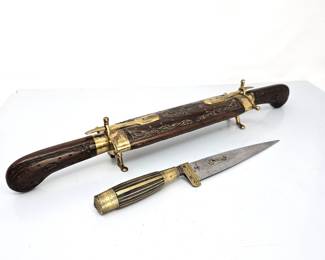 Antique Carving Set w/ Wood & Brass Handles + Ornate Knife w/ Etched Blade