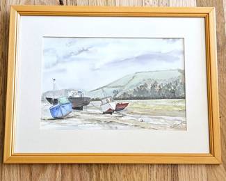 Original Watercolor Maritime Theme Boats Low Tide Ashore - Signed by Artist Dot Sampson - Framed 17 x 13