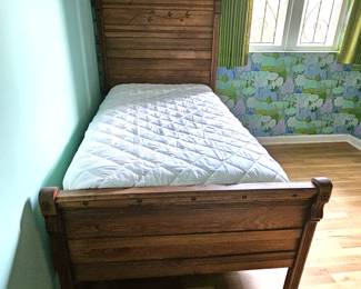 Antique Carved Wood Twin Bed Frame with Headboard & Footboard