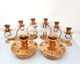 Pair of Vintage Copper Candle Holders – 2 Triple & 2 Single Chambersticks