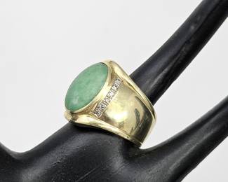 14K Yellow Gold Men’s Ring w/ Green Jade Cabochon & Diamond Accents Sz 10, Marked 585