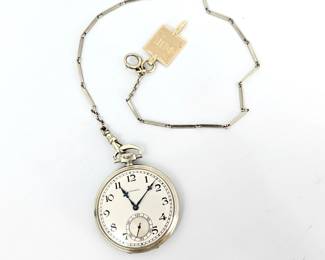 Longines 14K White Gold Pocket Watch 1931 Engraved Case 17 Jewel Swiss w/ Chain