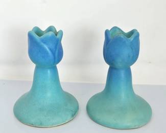 Van Briggle Pottery Turquoise Tulip Taper Candle Holders – Pair, Signed Colo Springs