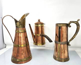 Vintage Copper & Brass Lot – Hinged Coffee/Tea Pot w/ Wood Handle, Large Tankard Mug, Tall Pitcher – 3pc Set