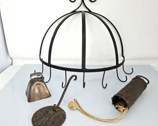 Primitive Iron Wall Hook & Teacup Holder with Rustic Cowbells – Farmhouse Décor Lot
