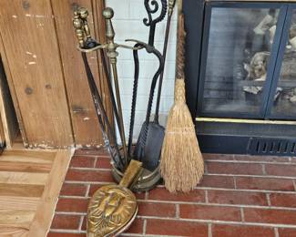 Vintage Fireplace Tool Set Brass & Iron w/ Eagle Bellows & Broom with Carved Wood Handle