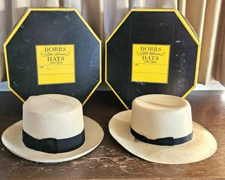 Vintage Dobbs Hat Boxes w/ 2 Linen Panama Hats Denver Weatherhead Hatters w/ Black Band