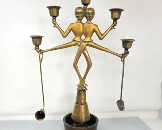- Vintage Solid Brass Candle Holder w/ 2 Snuffers – Figural Dual Human Design – 18"x13" (Heavy)!