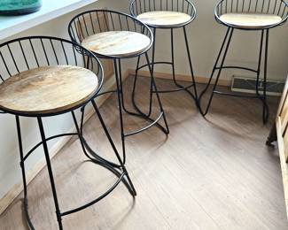 Set of 4 Modern Black Metal Bar Stools w/ Wood Seats – 27" Counter Height, 15" Seat