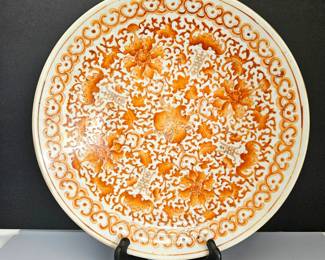 - Large Antique Chinese Iron Red Porcelain Charger – Floral Scroll & Auspicious Symbols, Qing/Republic Era c.1900