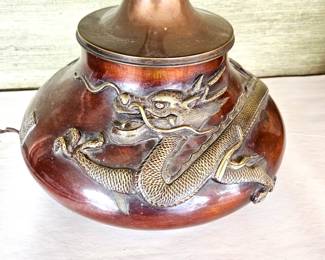 Vintage Chinese Dragon Table Lamp 26" Enameled Copper - Brass Dragon Relief - Paired w/ Vintage Lamp Shade