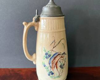 “Antique 1875 Bennett’s Patent Stoneware Beer Stein / Pitcher w/ Pewter Lid & Bird Decoration”