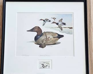 1975 James P. Fisher Federal Duck Stamp Print Canvasback Signed LE 2719/3150 w/ $5 Stamp Framed