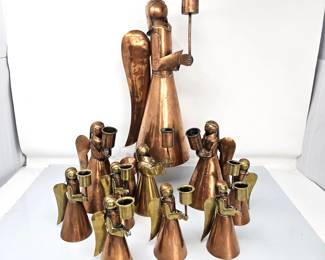 Vintage Mexican Copper & Brass Angel Candleholder Set – 11 Pc Lot, 1 Large 15", 10 Small 5–7"