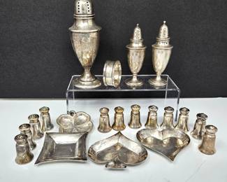 Large Assortment of Sterling Salt & Pepper Shakers Plus Four Small Trinket Plates - over 400g