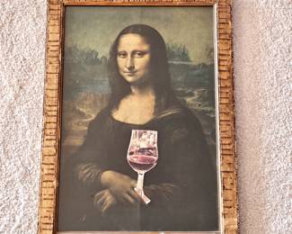 - Framed Funny Mona Lisa Parody Print w/ Wine Glass 15x21 - Vintage Humor Art