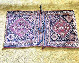 Vintage Persian Shiraz Saddle Bag Double Cushion Hand Knotted Wool Tribal Rug 45x25