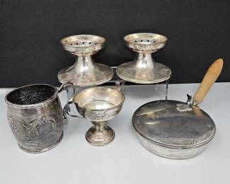 Lot of Sterling Silver Pieces - Candlesticks - Sauce Warmer - Heavy Cup - Sugar Bowl