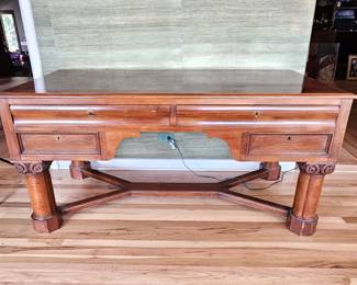 Antique Solid Wood Writing Desk w/ Carved Column Legs & Four Drawers 66x31x32.5