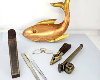 -Vintage Mixed Lot Brass Copper Leather Wood Items, 1800s Eye Glasses, Nutcracker, Letter Opener Shark Dish