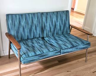 Vintage Mid-Century Modern Metal Frame Loveseat with Blue Vinyl Cushions & Wood Arms