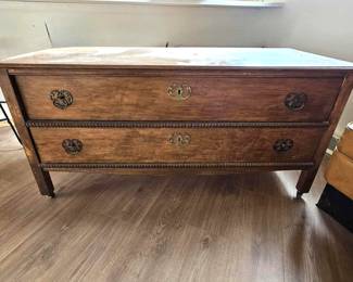 Antique Low Chest of Drawers 2 Drawer Dresser w/ Brass Pulls 52” Vintage Wood