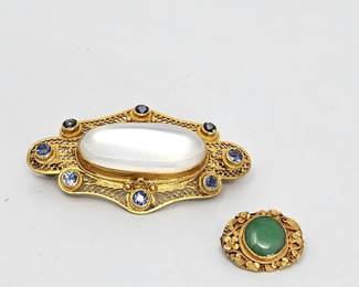 Lot of Two Vintage Brooches in 14k Gold - Filigree Pin w/ Mother of Pearl and One w/ Green Stone