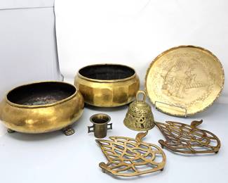 Antique Brass Lot – 2 Footed Planters, Solid Bell, Small Cup, Swan Trivets & Engraved Asian Plate