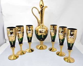 Bohemian Emerald Green & Gold Gilt Glass Decanter Set w/ 6 Goblets - Enamel Florals