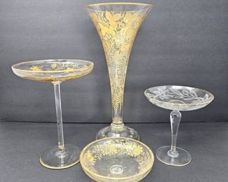 Vintage Crystal Stemware & Vase Set – Engraved Floral Design w/ Gold Highlights, 13" Vase