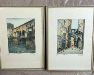 Italian Colored Etching Signed F Pedrocchi
