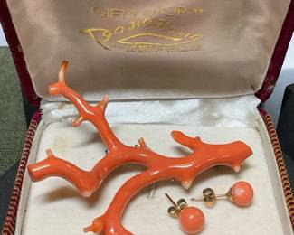 Coral brooch and complementing earrings