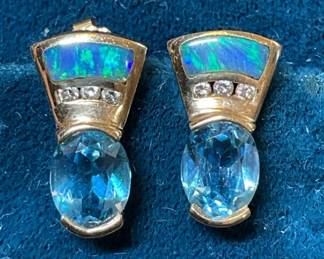 Earrings Aquamarine, Opal Diamond Set In 14K