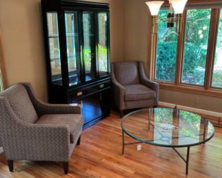 Charles Stewart Company Arm Chairs, China Cabinet, Josephine Glass Round Coffee Table  