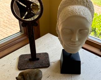 K. Borquatta Signed Head Sculpture, Carved Stone Bear Sculpture