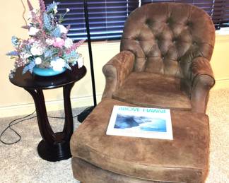 Chair and ottoman upholstered in brown microfiber