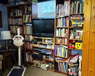 Book shelves, tvs. Books will be removed.