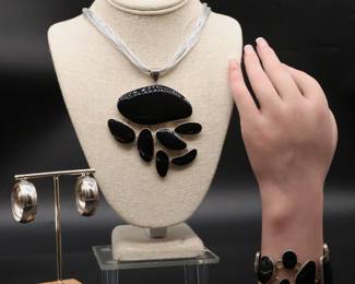 Vintage Sterling Silver And Onyx Necklace, Bracelet, And Earrings