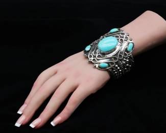 Vintage Exquisite Sterling And Turquoise Cuff Bracelet