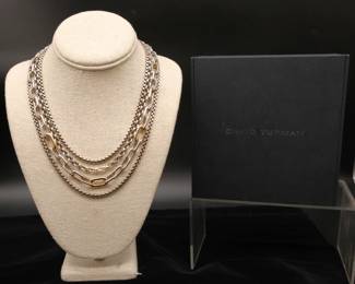 Vintage David Yurman Four Row Mixed Chain Bib Necklace Sterling 18k Yellow Gold