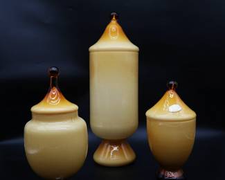 3 Covered Empoli Cased Glass Murano Mid Century Modern Jars