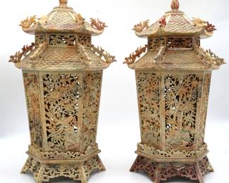 Vintage Pair Hexagon Carved Soapstone Asian Motif Lanterns