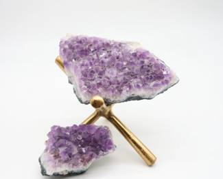 Two Amethyst Geodes And Brass Decorative Stand