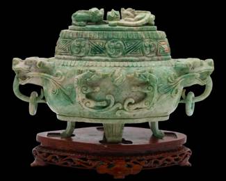 Vintage Chinese Jade Incense Burner/ Censer With Wood Base