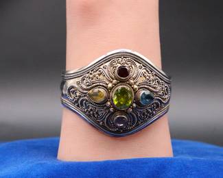 Vintage Sterling Silver Cuff Bracelet With Stones